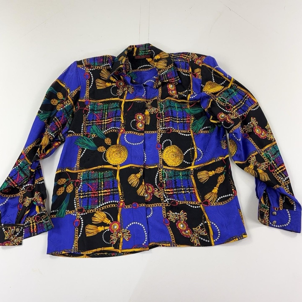 Vintage Jerri Sherman Collection Shirt Womens 8 Gold Paisley Long Sleeve Silk